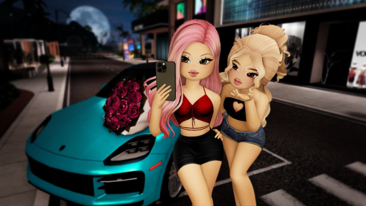 Two Harbor East players posing at night beside a teal sports car on a lit shopping street